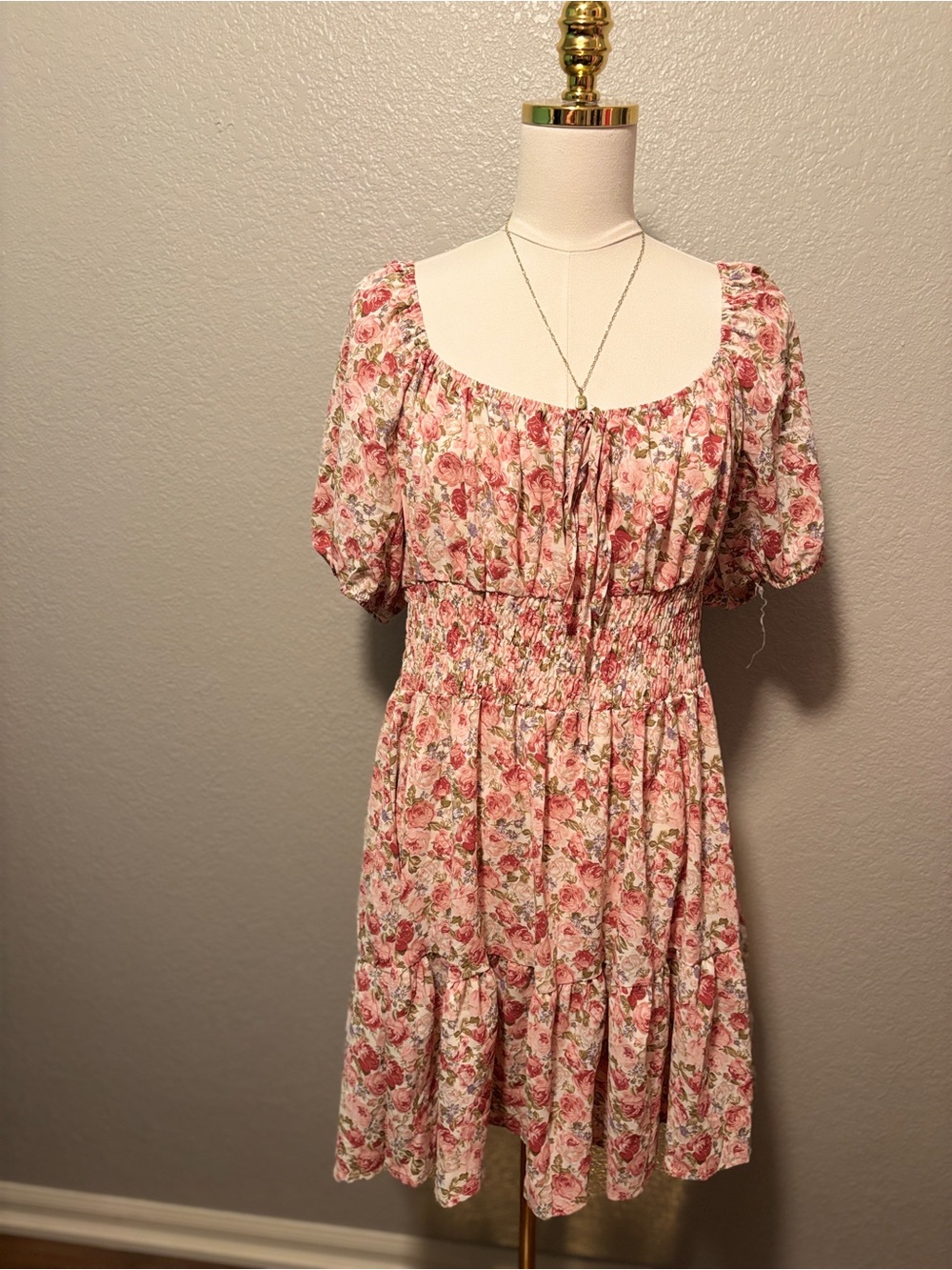 Floral Smocked Puff Sleeve Dress - Pink